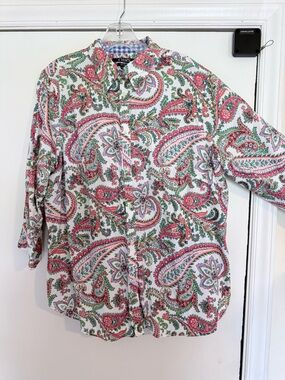 Chaps No-Iron Floral Paisley Button-Up Shirt in Pink, Green & Blue